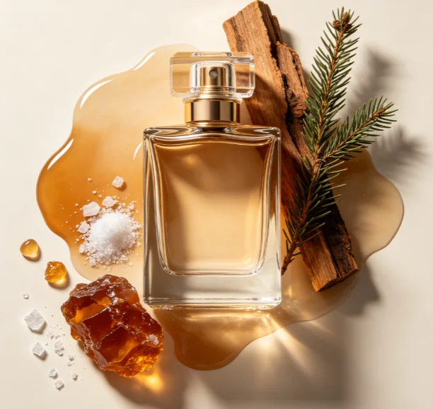 Luxury perfume with sclareolide crystalline fixative woody amber scent
