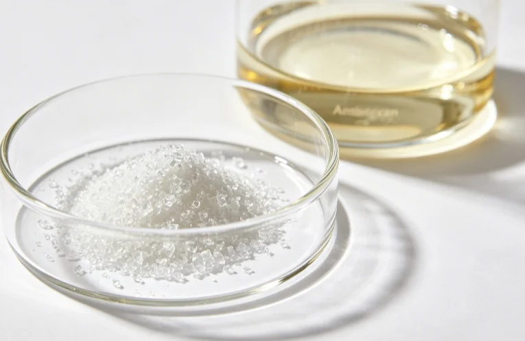 Pure crystalline Ambroxan raw material in lab petri dish