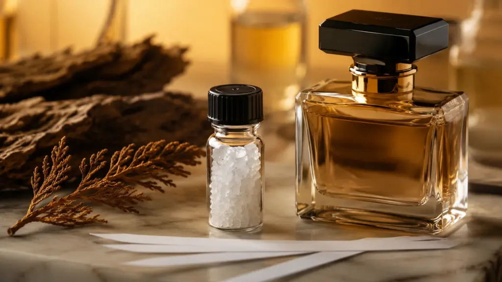 Amber perfume bottle beside a vial of white fragrance crystals and scent strips, illustrating Ambroxan in modern perfumery