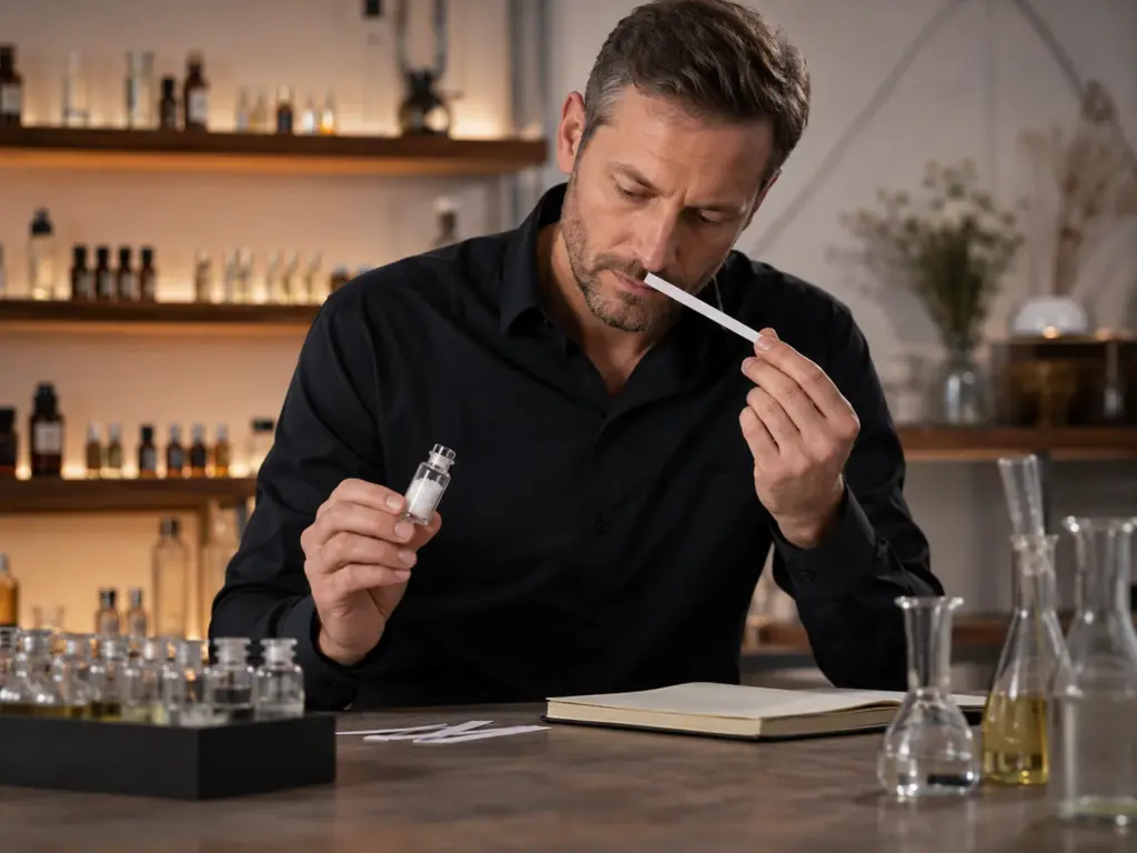 Fragrance evaluator smelling a blotter strip while holding a vial of aroma crystals in a perfume lab, showing Ambroxan assessment in fragrance development