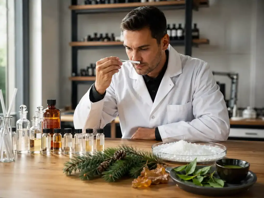 Perfumer evaluating Ambroxide aroma with fragrance blotter strips and samples in a laboratory for amber woody scent testing