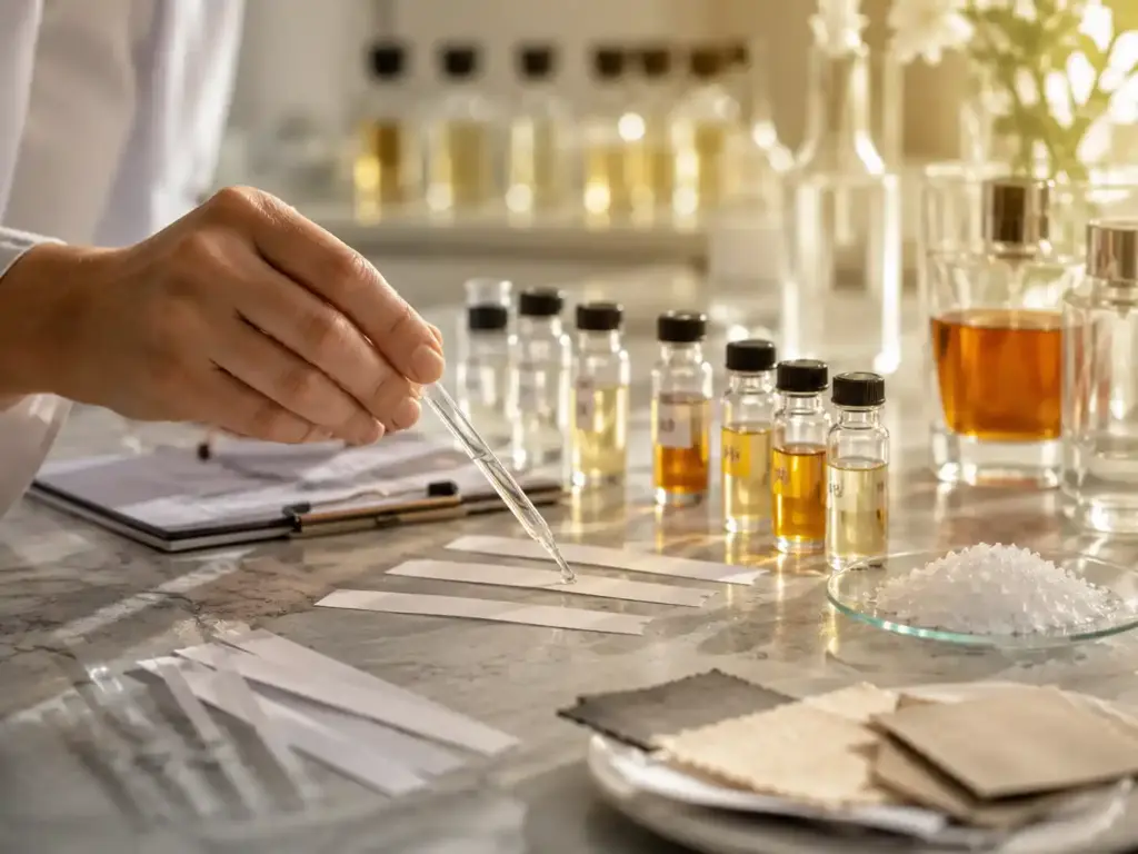 Perfumer testing fragrance samples with blotter strips