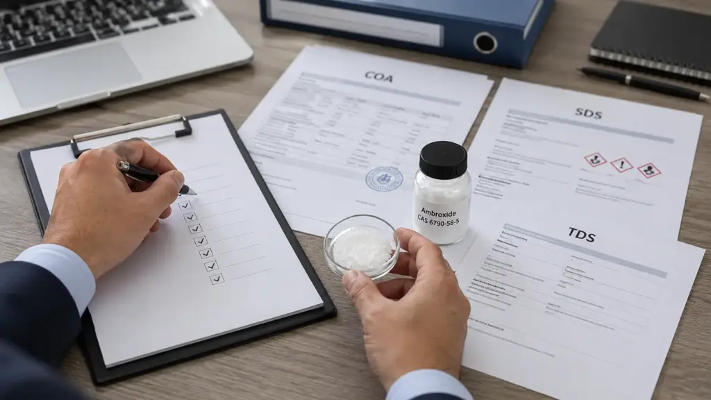 Quality inspection of Ambroxide sample with COA, SDS, and TDS documents