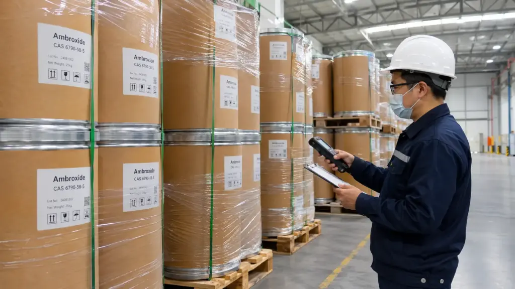 Warehouse worker scanning labeled fiber drums of Ambroxide.
