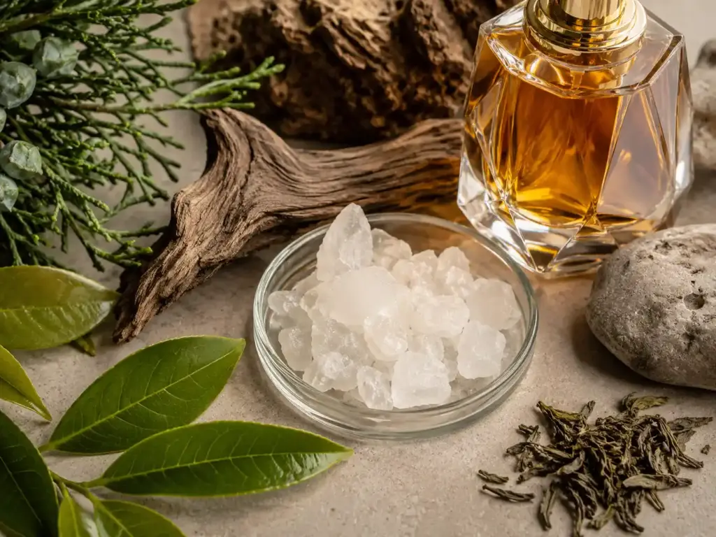 White Ambroxide crystals with perfume bottle, woody materials, and tea-like botanical elements representing amber fragrance notes