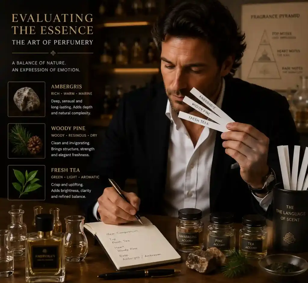 Perfumer evaluating fragrance blotters with ambergris, woody pine, and fresh tea olfactory notes