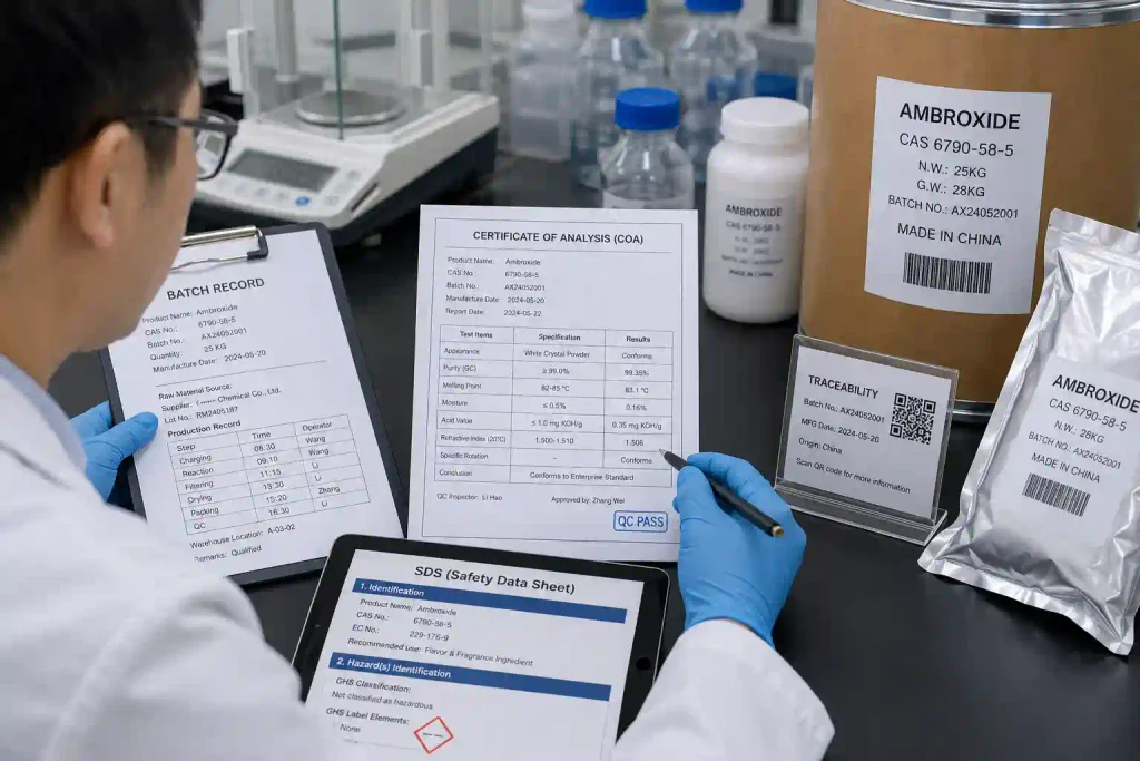 Procurement manager verifying bulk ambroxide traceability, batch records, and COA specification shee