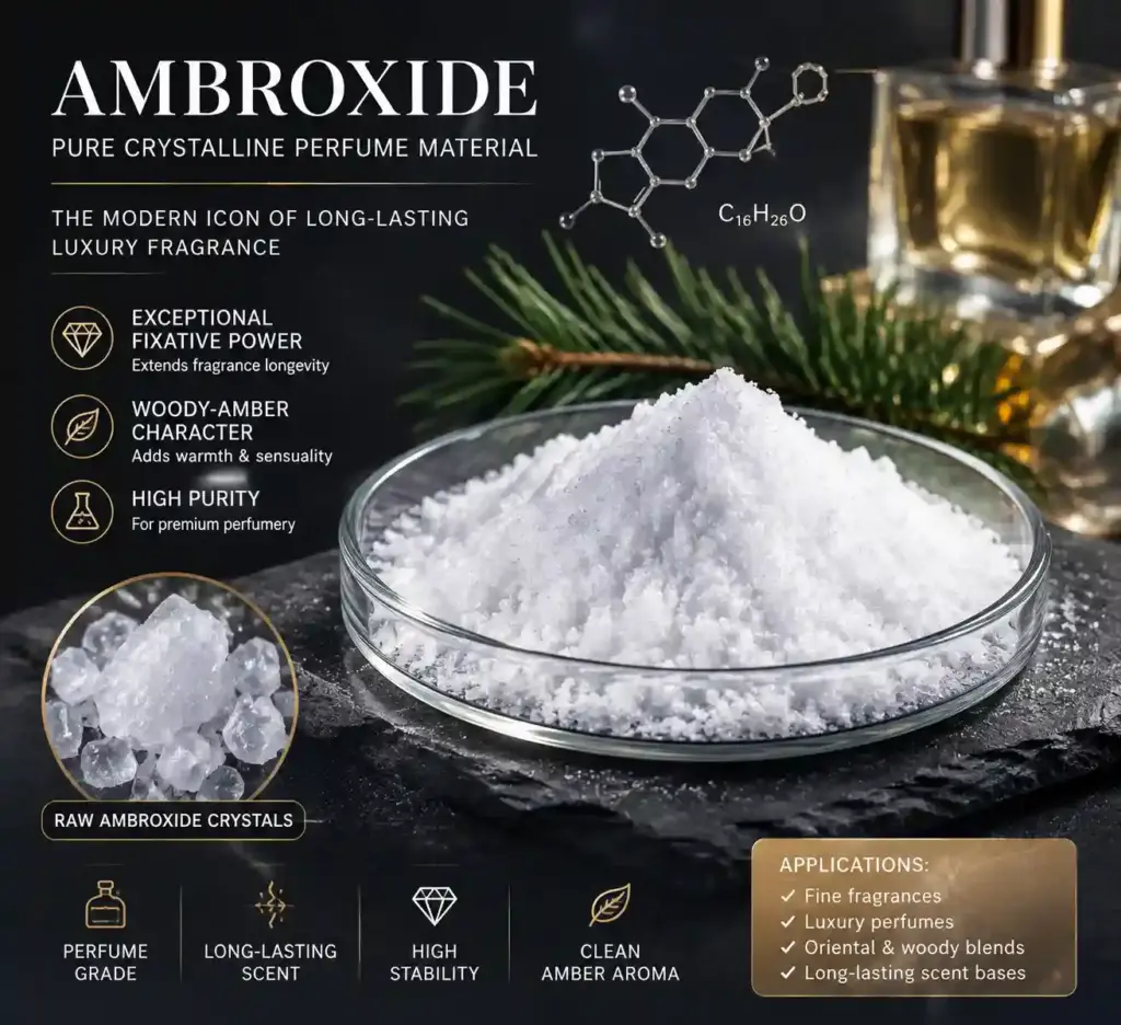 Pure white crystal Ambroxide raw material powder used in high-end perfume formulation