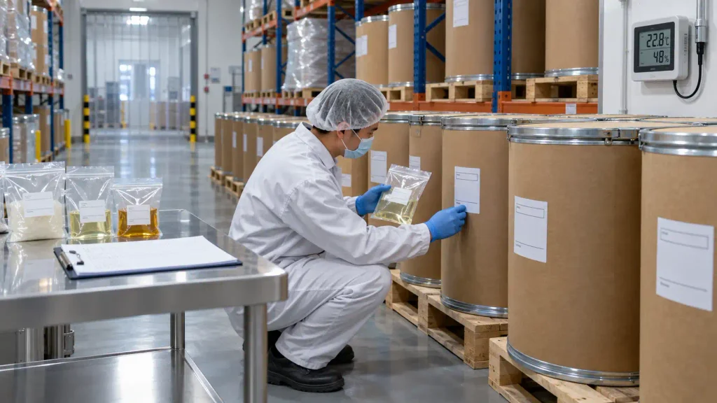 Aroma chemical drums and batch storage conditions checked by a quality technician