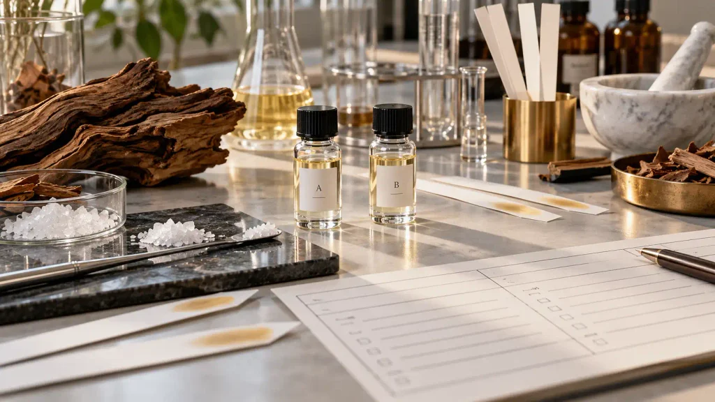 Cetalox and Ambroxide aroma chemical samples compared in a fragrance laboratory