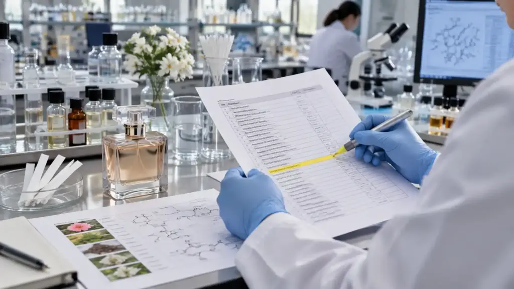 Cosmetic chemist reviewing a perfume ingredient list and chemical identity documents in a laboratory