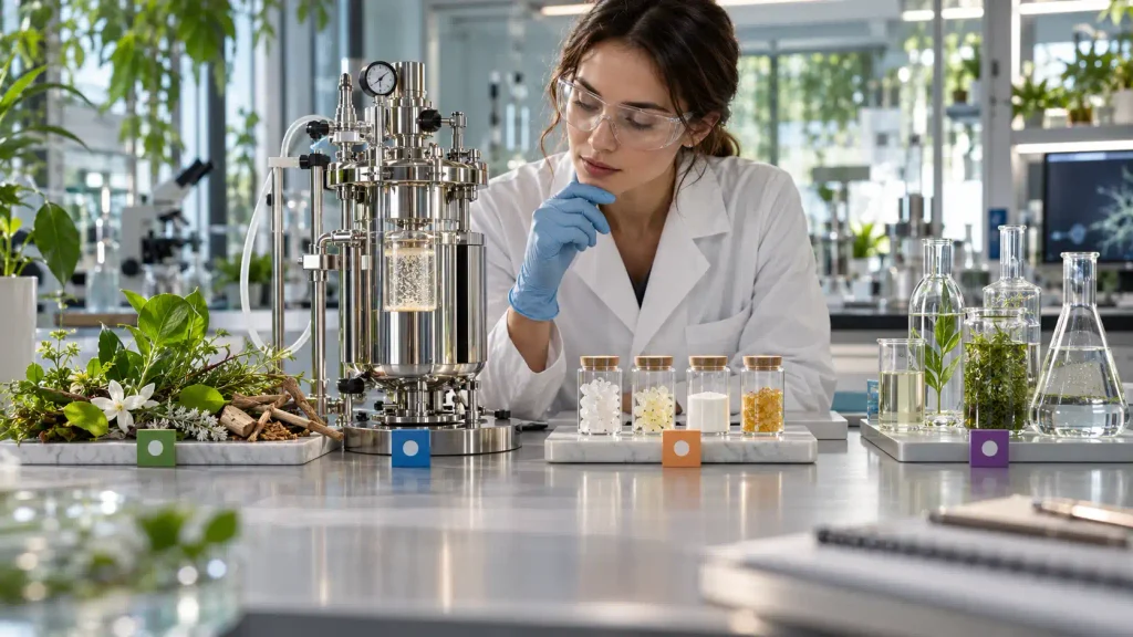 Fragrance chemist comparing renewable feedstock, production route, and biodegradability evidence