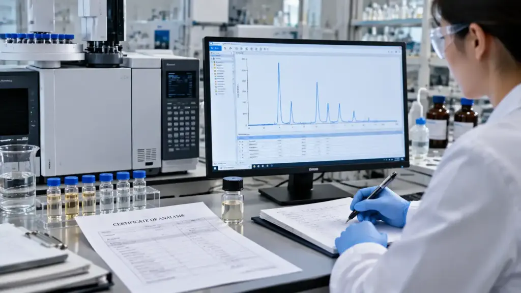 Quality-control analyst reviewing chromatographic data and a certificate of analysis for a fragrance ingredient